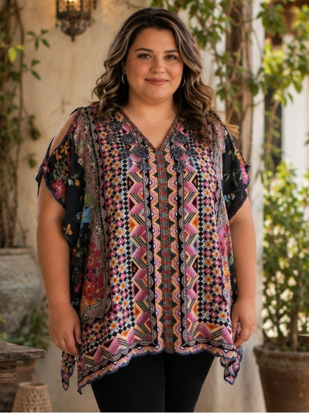 Johnny Was Multicolor Boho Cold-Shoulder V-Neck Tunic